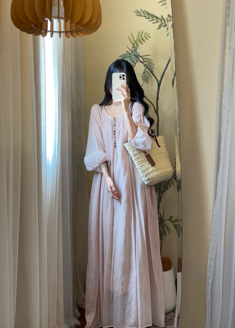 【ROUROU】柔雾玫瑰｜法式慵懒风圆领纽扣炒色工艺清冷七分袖连衣裙