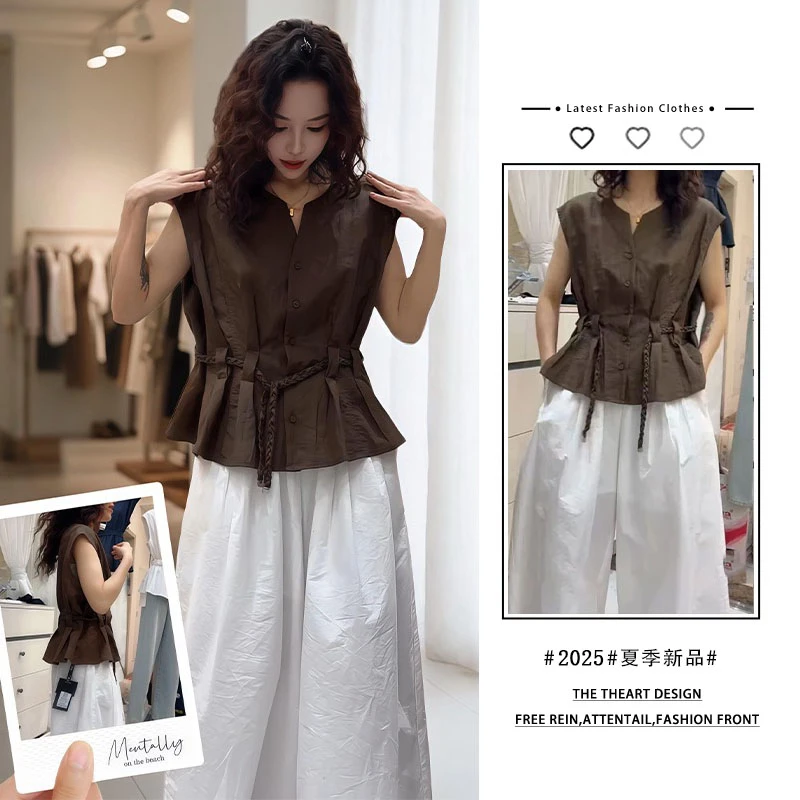 棕色漂亮修身独特设计感收腰系带上衣女夏季新款休闲阔腿裤两件套