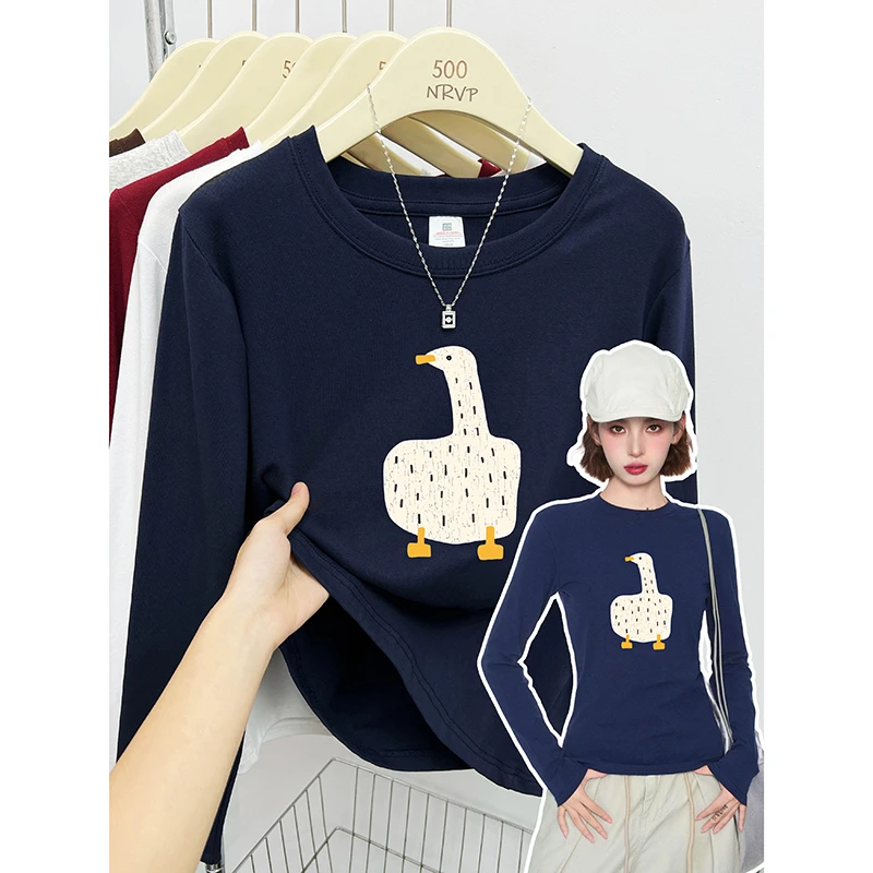 可爱鸭子正肩大码女装长袖t恤女洋气胖mm穿搭显瘦修身弹力棉上衣