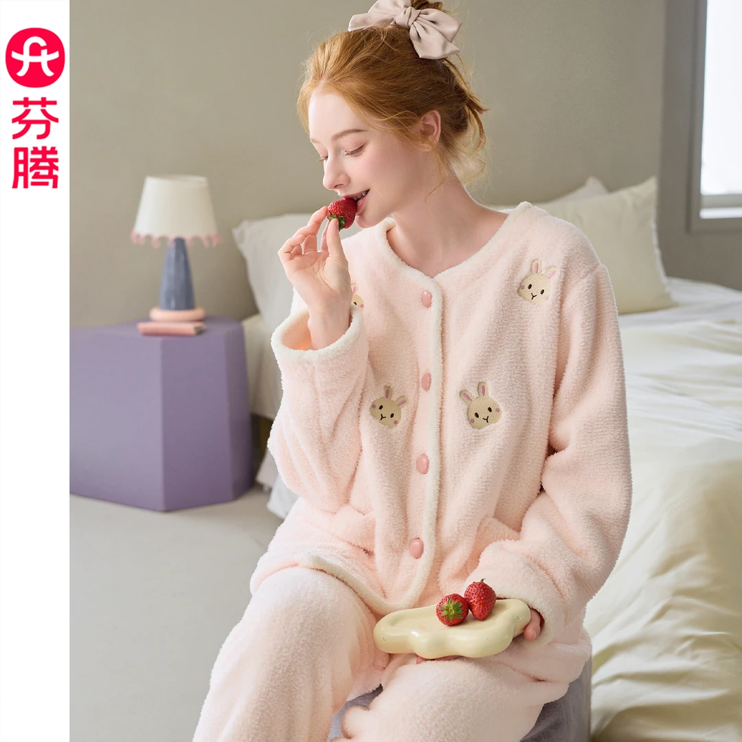 芬腾女士睡衣秋冬季珊瑚绒套装女款加厚加绒法兰绒可爱卡通家居服