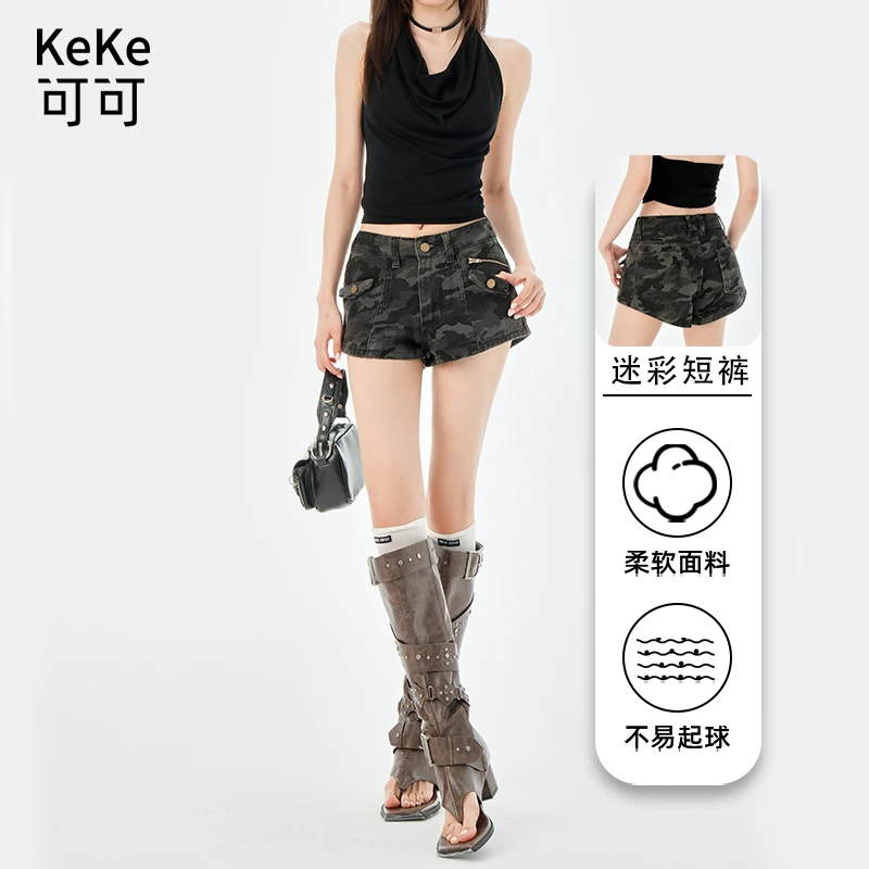 夏季新款宽松柔软夏季女装工装短裤辣妹风软面修身迷彩牛仔短裤女