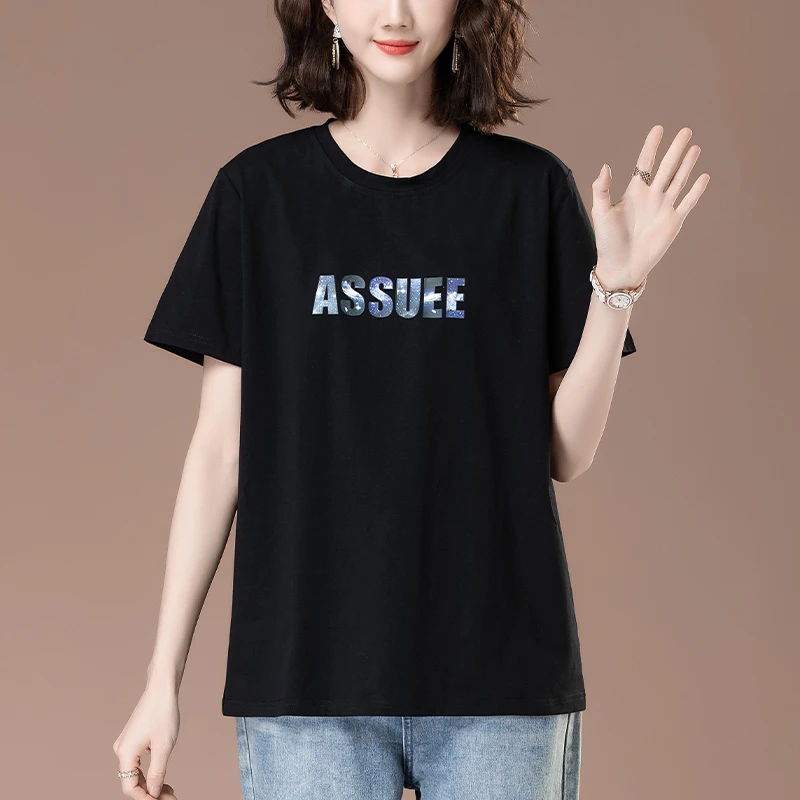 短袖t恤女夏季新款纯棉宽松加大码中年妈妈遮肚显瘦圆领半袖体恤