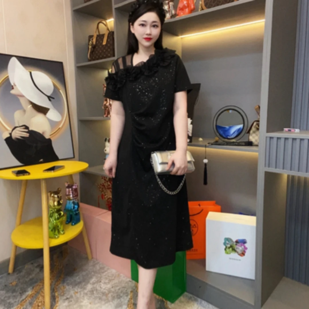 满天星设计收腰褶皱高级轻奢拼纱连衣裙大码女装显瘦遮肉夏季新款