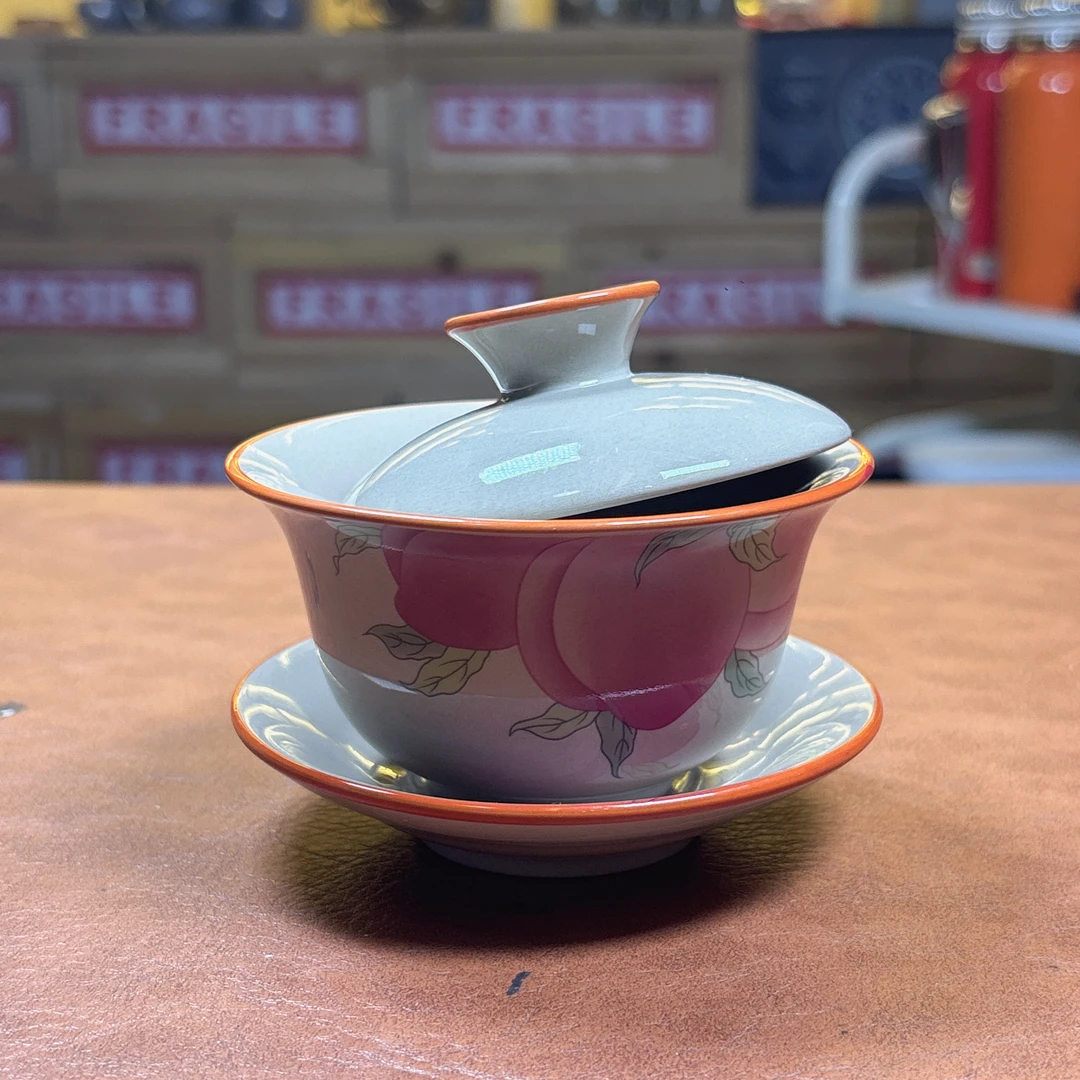 草木灰九桃仿手绘三才大号泡茶盖碗大盖碗茶具家用敬茶杯1446