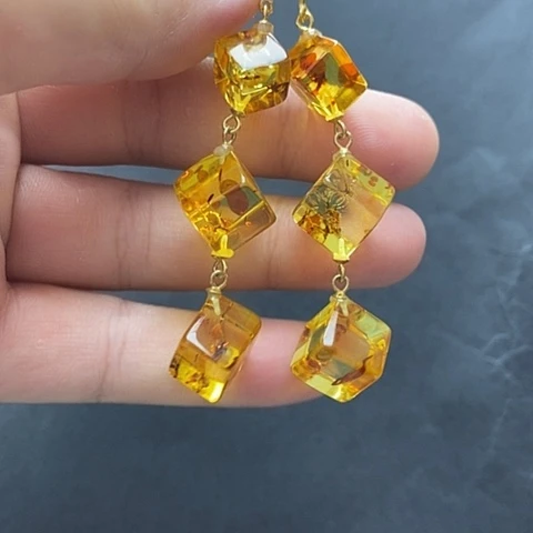 银S925镀金镶嵌琥珀裸石琥珀耳坠