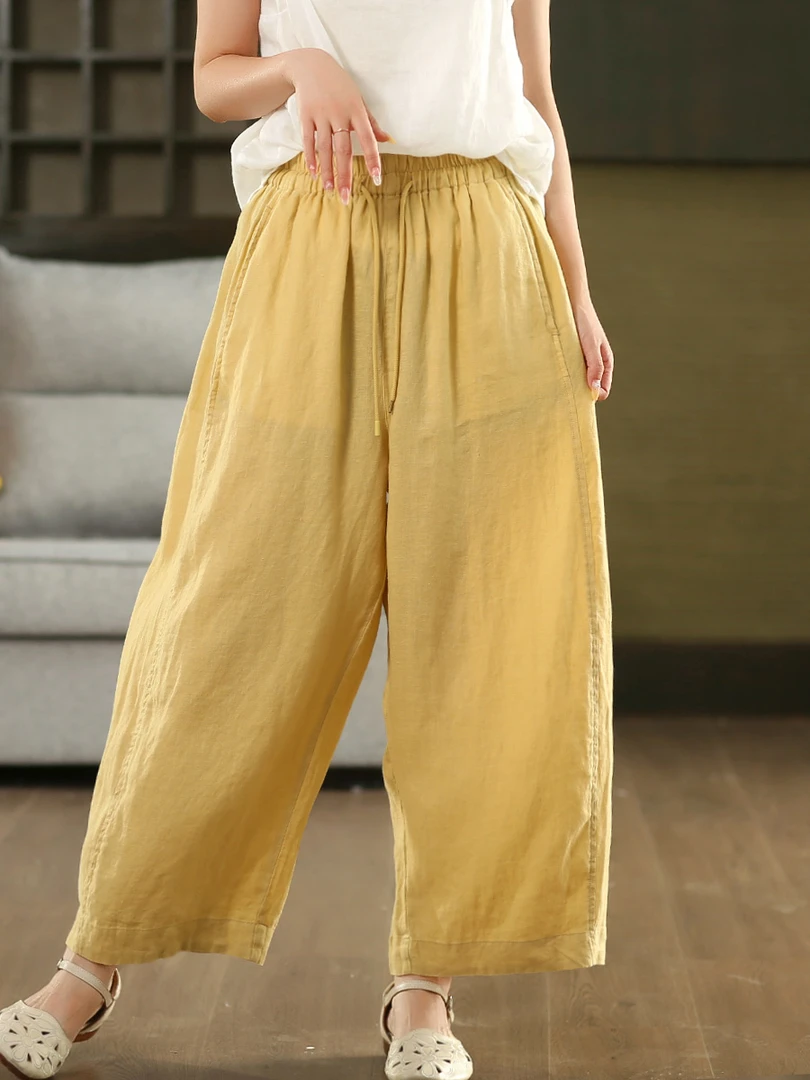 棉麻轻薄文艺松紧腰抽绳纯色休闲裤宽松舒适百搭显瘦系带弯刀裤女