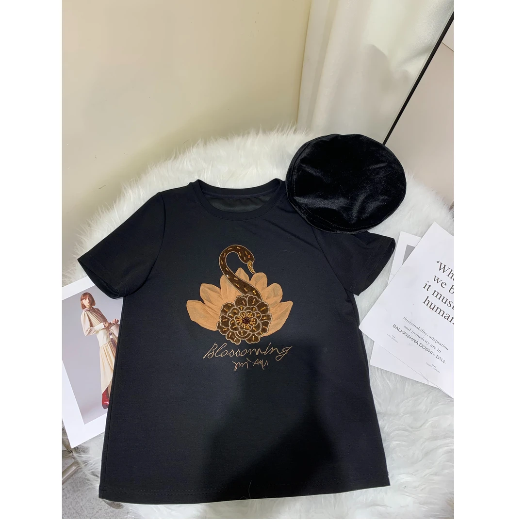 KIKI严选：28851-YS家欧洲站南油秋冬新款重工天鹅亮片短袖T恤