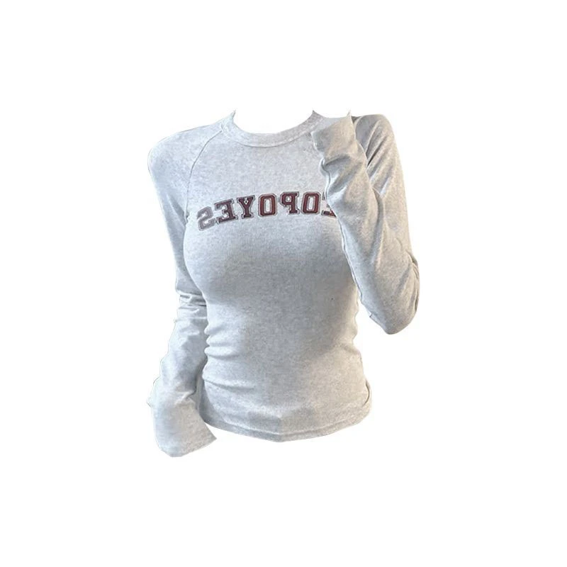 美式chic复古字母印花长袖T恤女春秋季小众内搭修身显瘦打底上衣