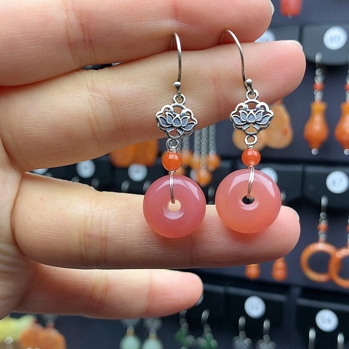 玛瑙/玉髓耳钉银S925镶嵌