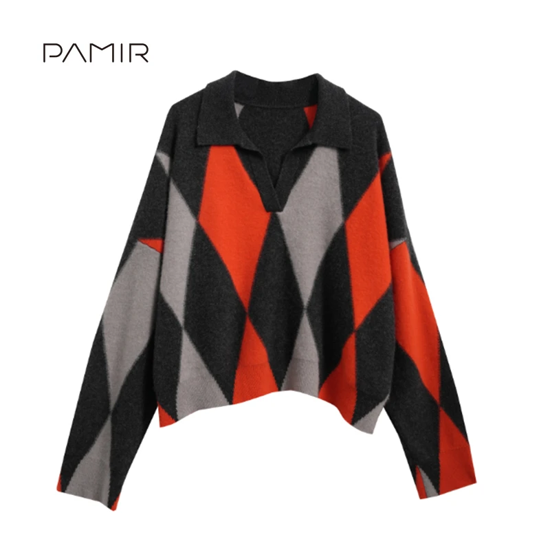 羊绒100 PAMIR秋冬新款女翻领羊绒菱纹长袖休闲针织衫 LR263