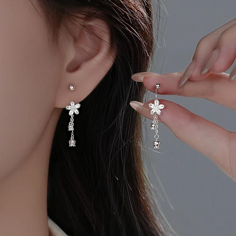 足银耳饰 999足银花朵流苏耳钉女螺丝小众设计感耳环两戴免摘耳钩
