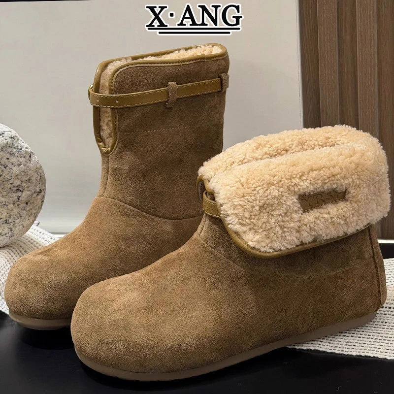 真皮毛一体桑坡雪地靴女款冬季加绒加厚保暖东北大棉鞋子勃肯短靴