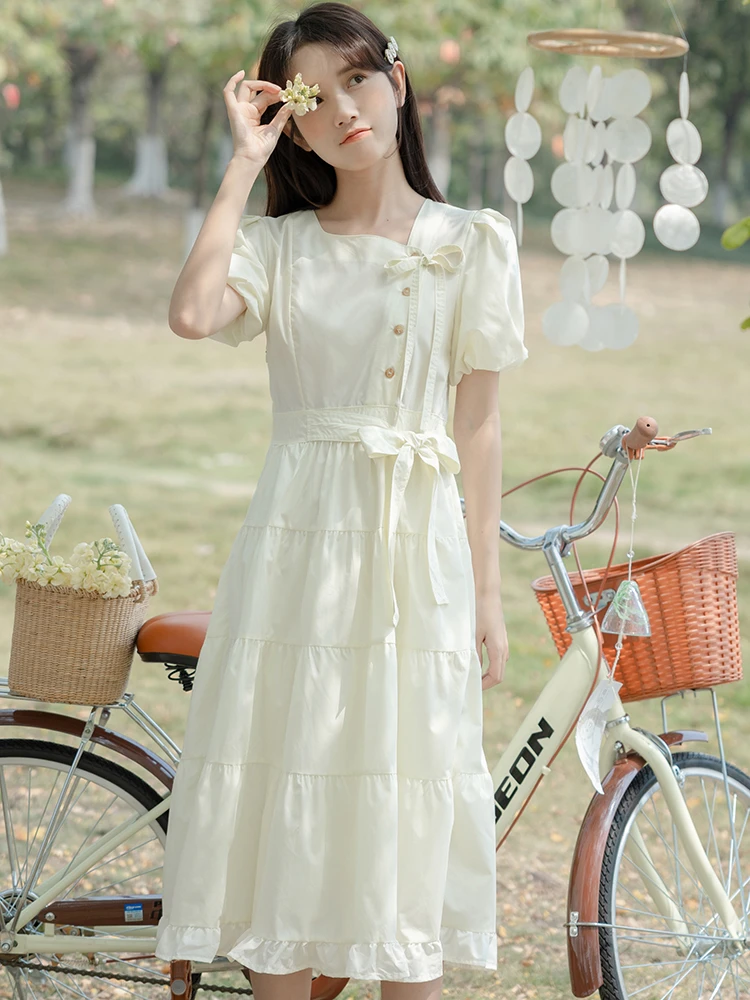 女大童文艺仙女收腰连衣裙2025夏季新款小清新蝴蝶结短袖公主长裙