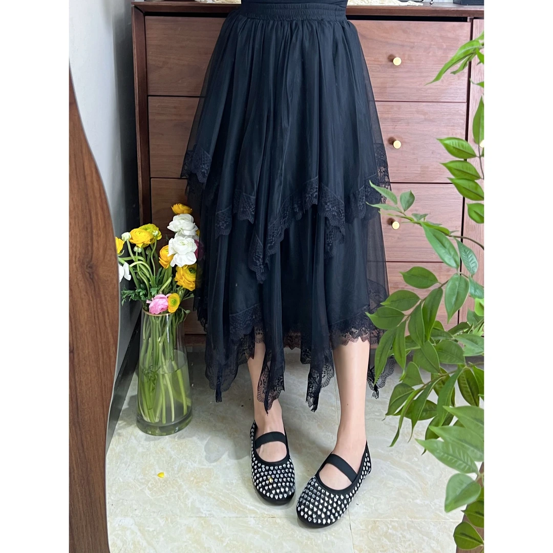 蔡蔡呀【优雅女神】欧货小众高腰蕾丝拼接不规则网纱裙蓬蓬裙77001
