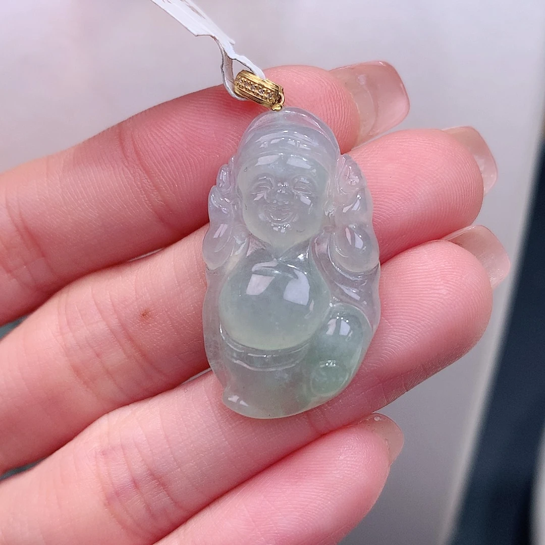 颈饰18K金镶嵌翡翠冰薄荷绿财爷