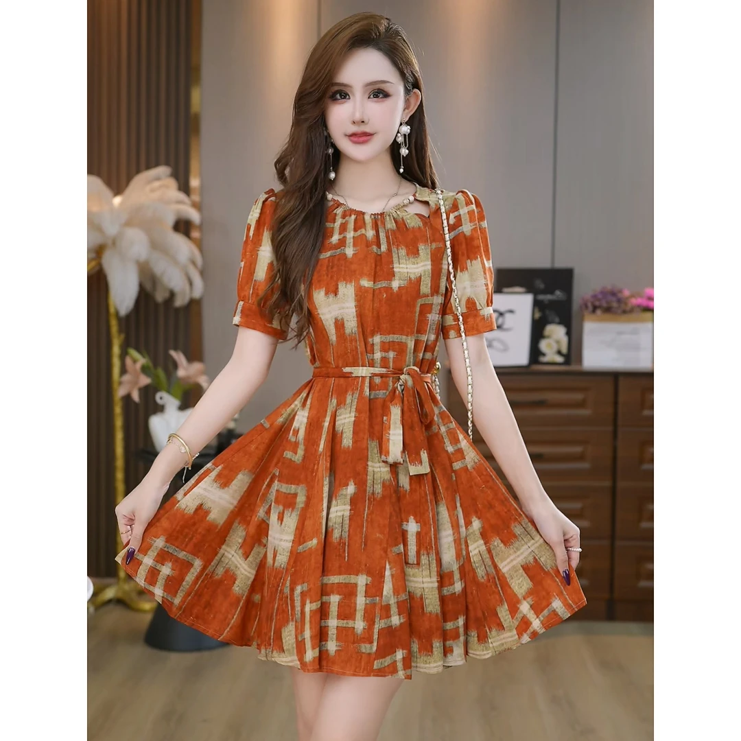 【午茶小调】轻奢重工印花收腰显瘦气质a字连衣裙 A3127