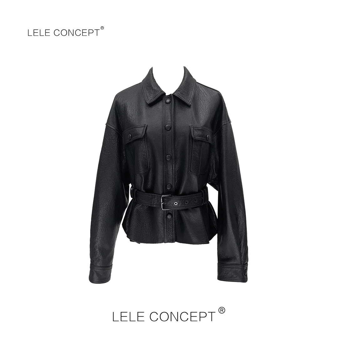 LELE CONCEPT 气质高级感百搭时尚翻领收腰短款皮衣P0048
