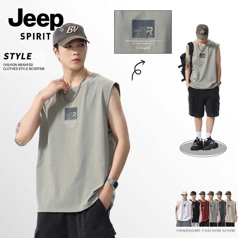 JEEPSPIRIT吉普男印花背心夏季潮牌新款重磅圆领无袖宽松休闲坎肩