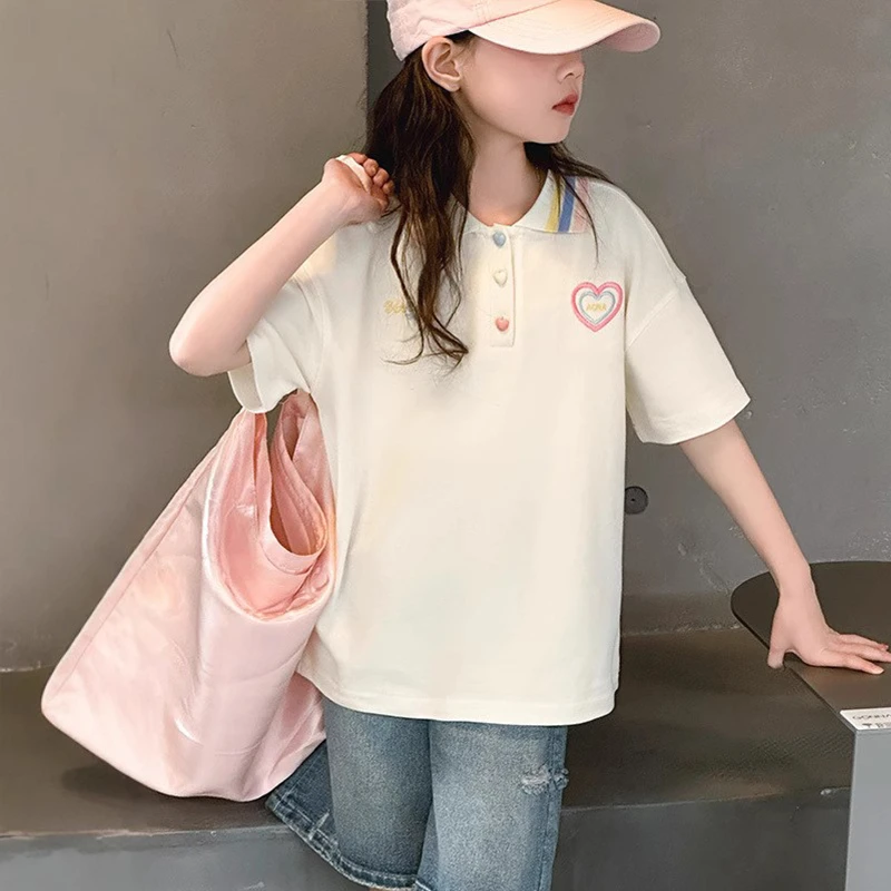 夏季女童短袖2025新款女孩宽松洋气透气POLO衫中大童百搭时尚上衣