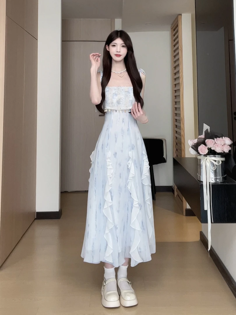 松本丧丧度假风蓝白拼接扎染欧若风收腰设计感连衣裙B251Q0564