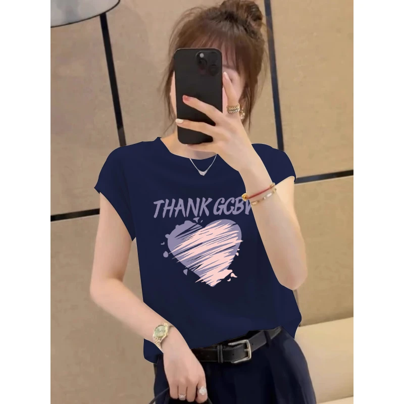 小飞袖正肩短袖t恤女夏季2025新款设计感百搭显瘦圆领藏青色上衣