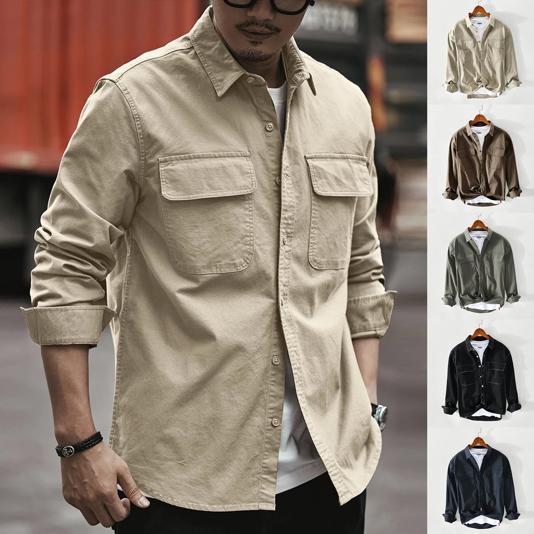 早秋新款美式复古工装长袖衬衫男士高端猎装痞帅翻领衬衣夹克外套