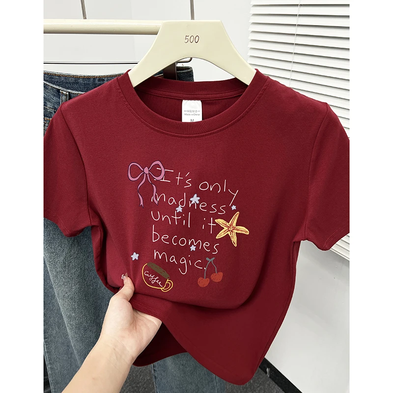 韩系ins时尚休闲圆领洋气印花正肩短袖T恤女夏装新款显瘦百搭上衣