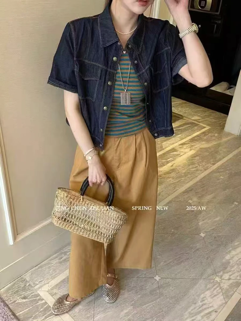 条纹吊带背心短袖牛仔直筒裤时尚三件套857