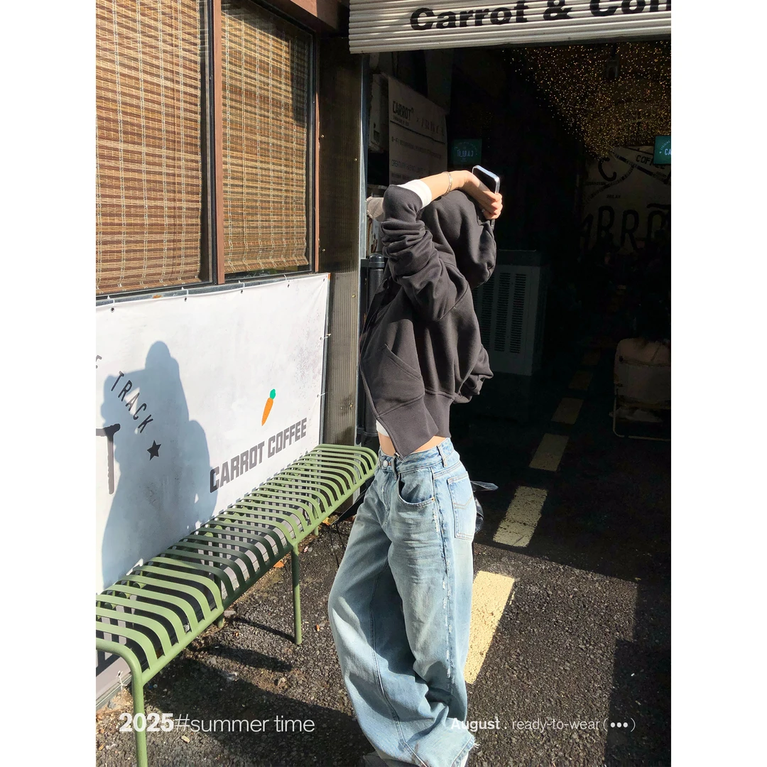 SUNONEONE 宽松阔腿直筒牛仔裤女早秋季复古水洗休闲裤子H1195K