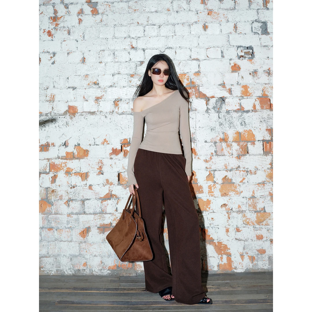 周淼ZHOUMIAO牛筋松紧腰肌理感直筒裤 阔腿休闲长裤女ZM25K0202C