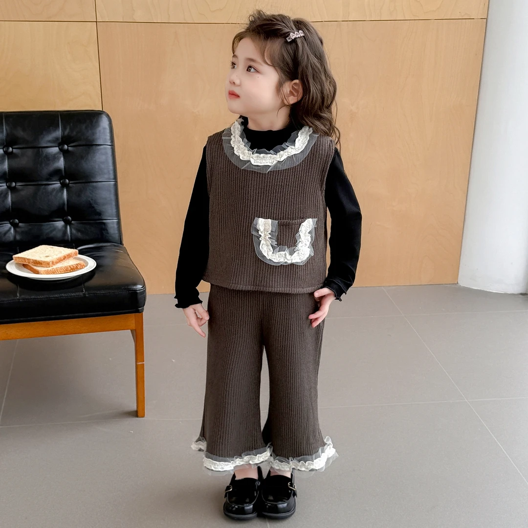 女童春秋套装新款儿童洋气女宝宝甜美花边马甲两件套女孩秋装时髦