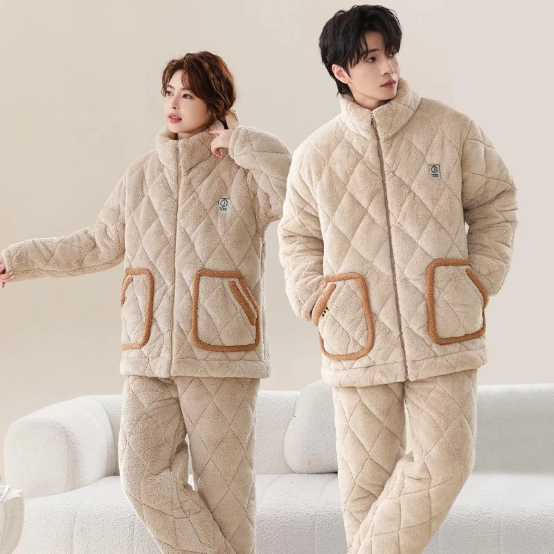 拉链情侣冬季睡衣男女同款法兰绒加厚保暖三层夹棉冬天家居服套装