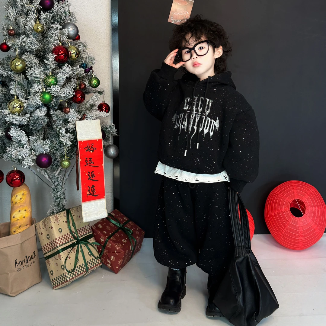 现货〃韩版小恶魔男孩儿童装2024冬新款重工印花洋气卫衣加绒Q790