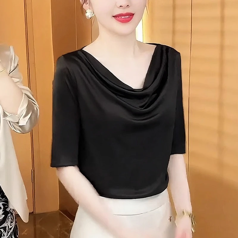 v领黑色高级感短袖女士t恤夏季2025新款时尚显瘦减龄轻奢气质上衣