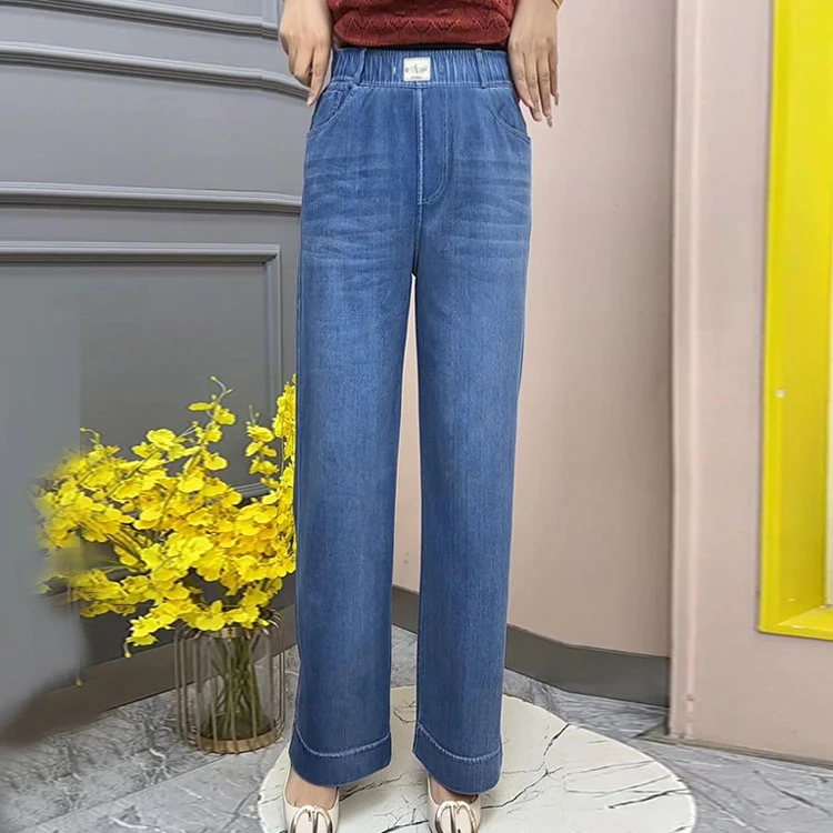 春夏新款时尚百搭休闲中年妈妈装直筒浅色显瘦软牛仔修身牛仔裤