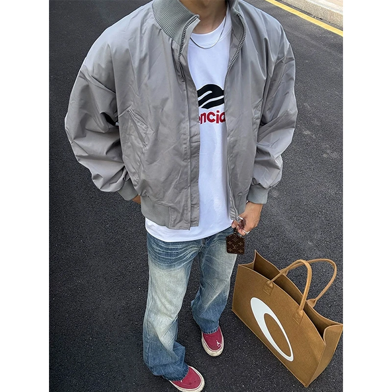 灰色短款cleanfit外套男秋季美式复古立领棒球服潮牌飞行工装夹克