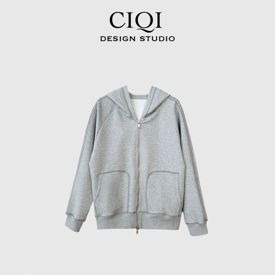 CIQI STUDIO【冰川世纪】双向拉链纯色简约连帽开衫卫衣外套L192706