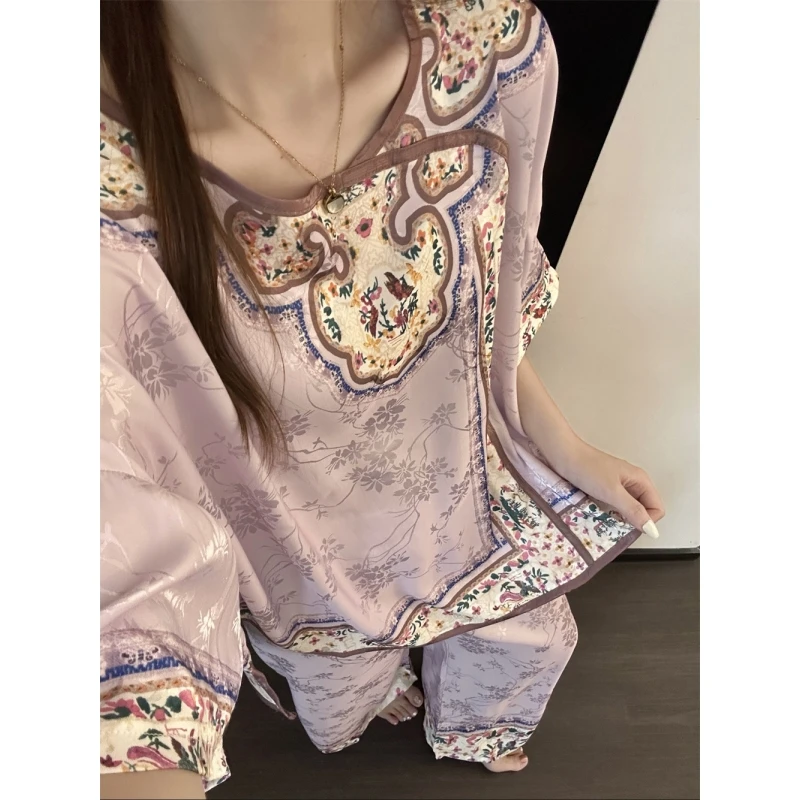 国风新中式古风温柔紫汉服睡衣女秋季2025新款短袖长裤套装家居服