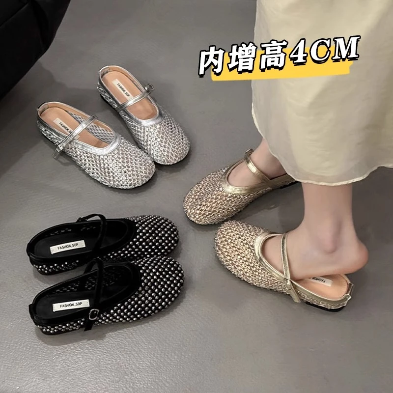 内增高勃肯包头半拖鞋女夏外穿2025新款一脚蹬水钻亮闪闪单鞋凉拖