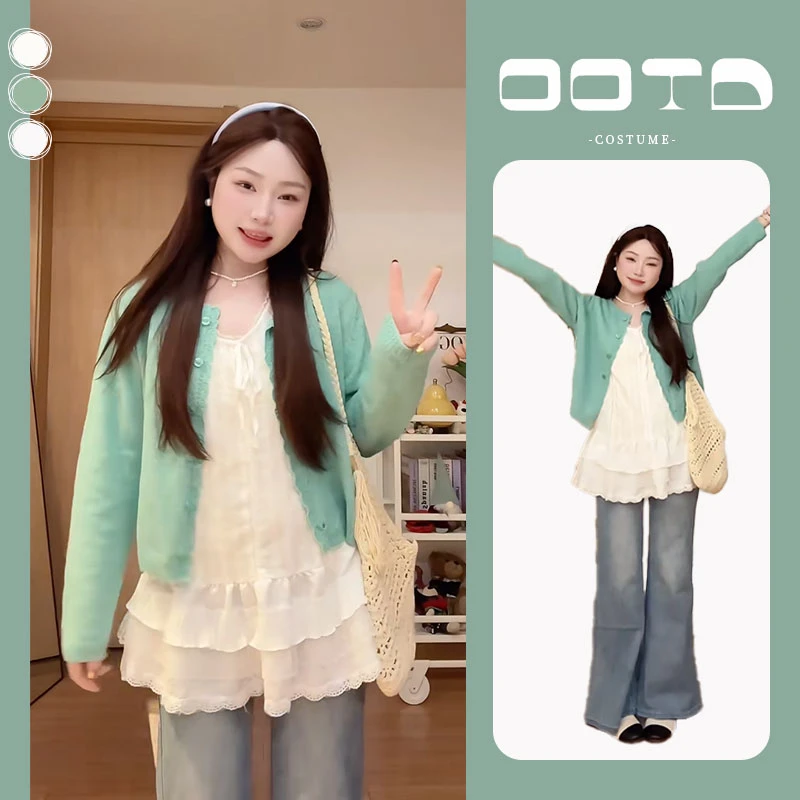 春季一整套女装2025新款韩版宽松针织开衫吊带背心上衣牛仔裤套装