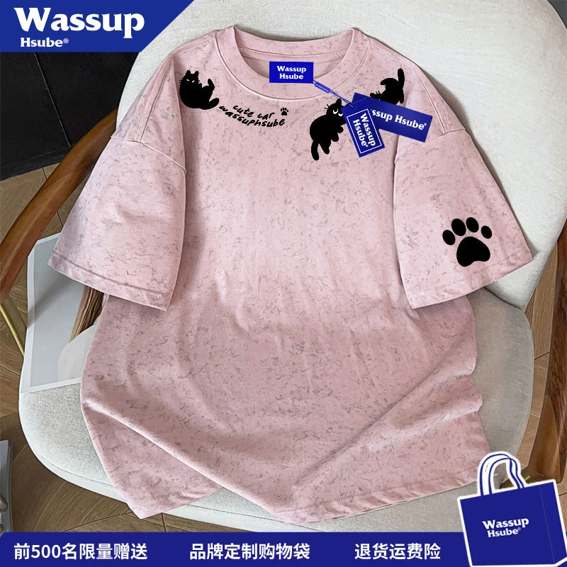 WASSUP HSUBE 美式半圆领小猫图案印花扎染上衣夏季百搭纯棉短袖