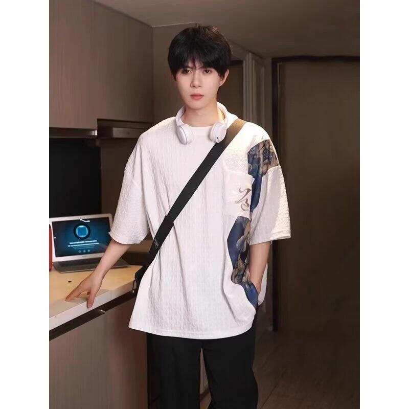 休闲百搭潮流短袖宽松圆领男士T恤上衣新中式2025年夏季青春流行