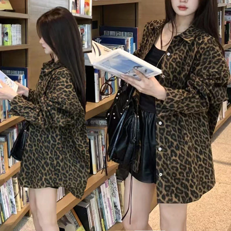 大码女装春秋气质长袖宽松炸街豹纹牛仔衬衫网红时尚休闲衬衣-307