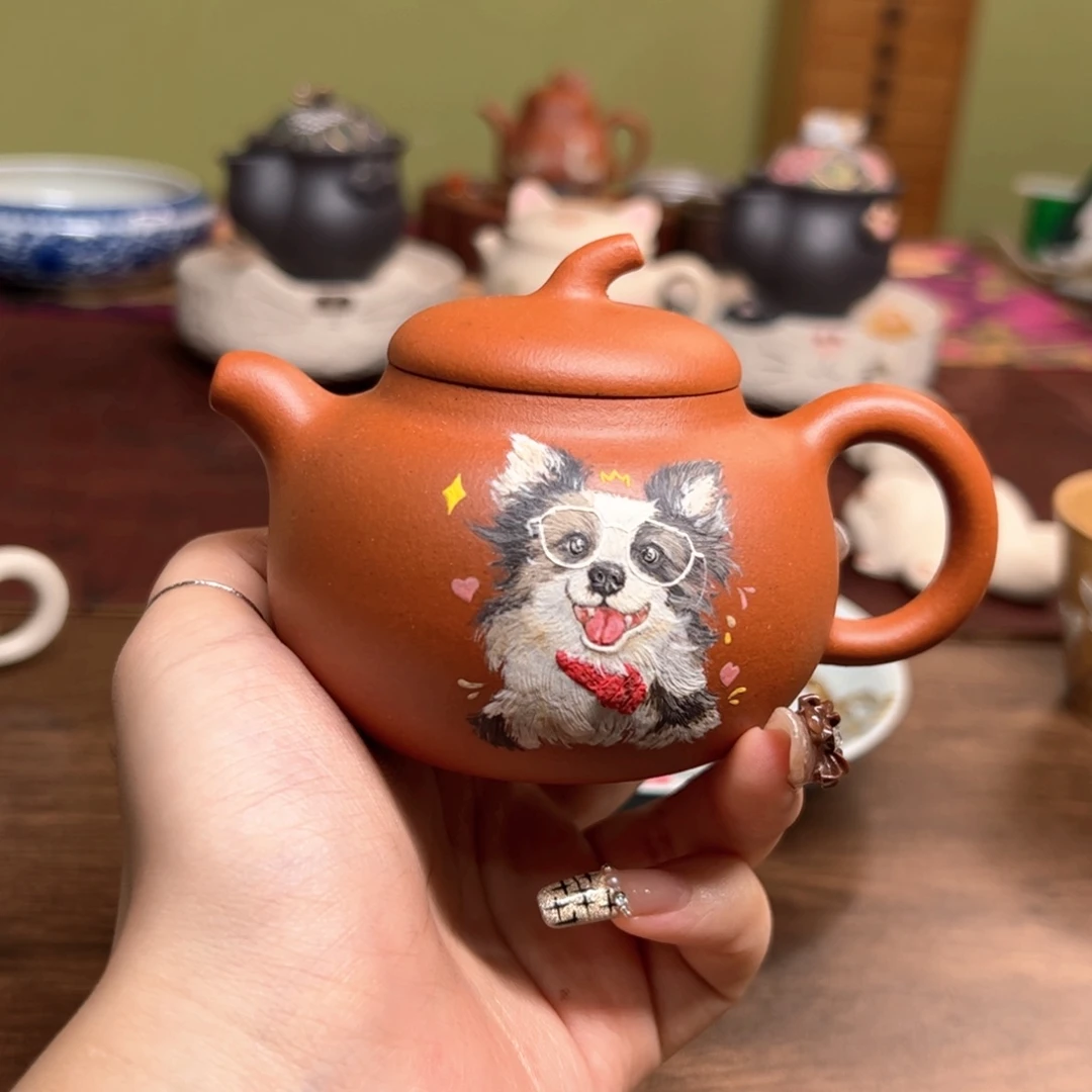 紫砂茶壶老红泥茄瓜 蝴蝶犬 170ml