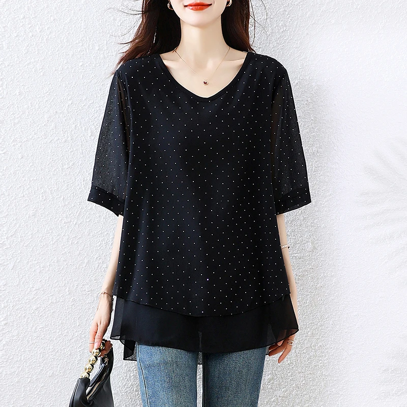 2025夏季新款大码女装胖mm显瘦遮肉宽松雪纺烫钻上衣中年洋气小衫