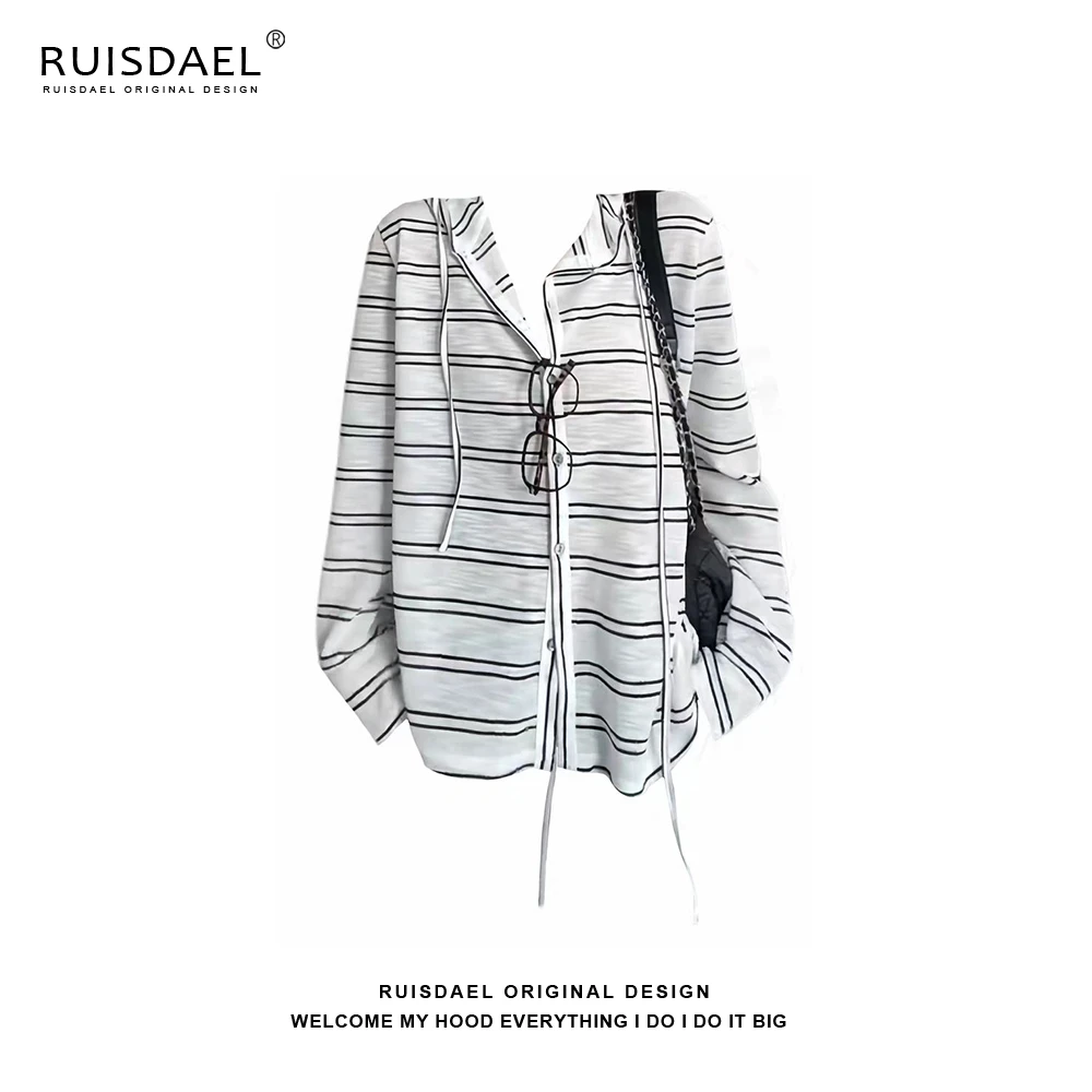 RUISDAEL韩系慵懒风防晒条纹连帽开衫女夏季百搭宽松显瘦薄款上衣