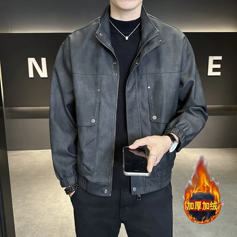 美拉德复古男士加绒皮衣外套2025秋冬款机车风痞帅皮夹克休闲上衣