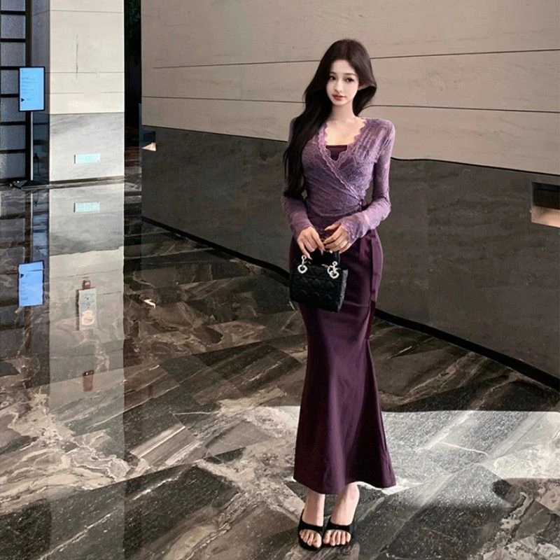 紫色蕾丝开衫修身包臀鱼尾吊带连衣裙两件套装御姐风情万种的裙子