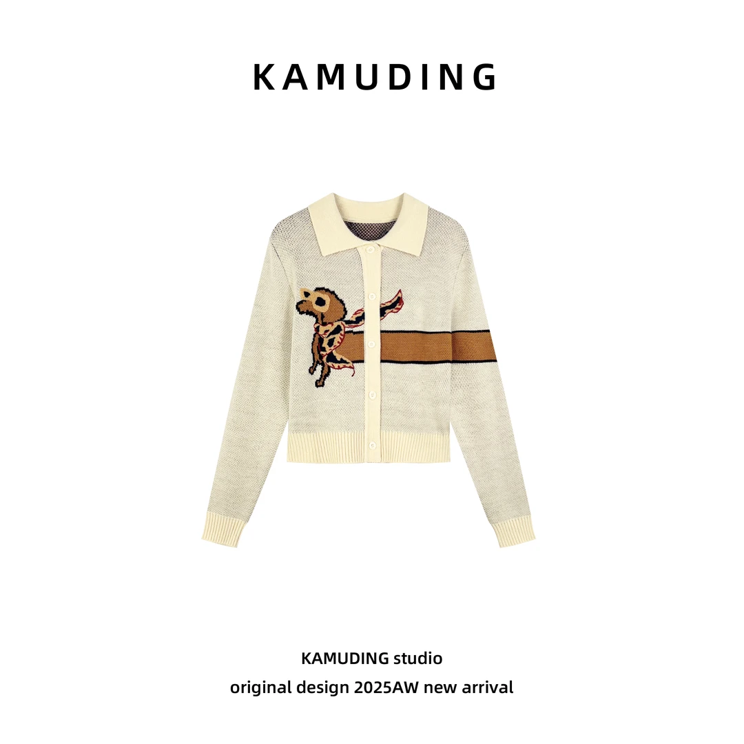 KAMUDING2025新款A8刺绣通勤风小狗刺绣开衫套头宽松针织衫25285
