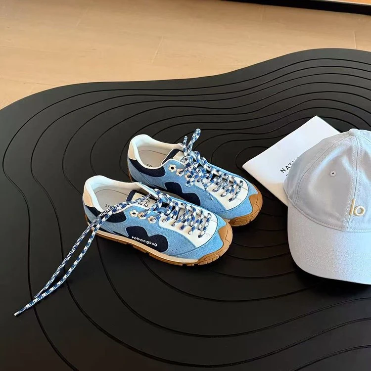 厚底蓝色德训鞋女2025夏季红色鞋子复古潮流小众拼色时尚阿甘鞋